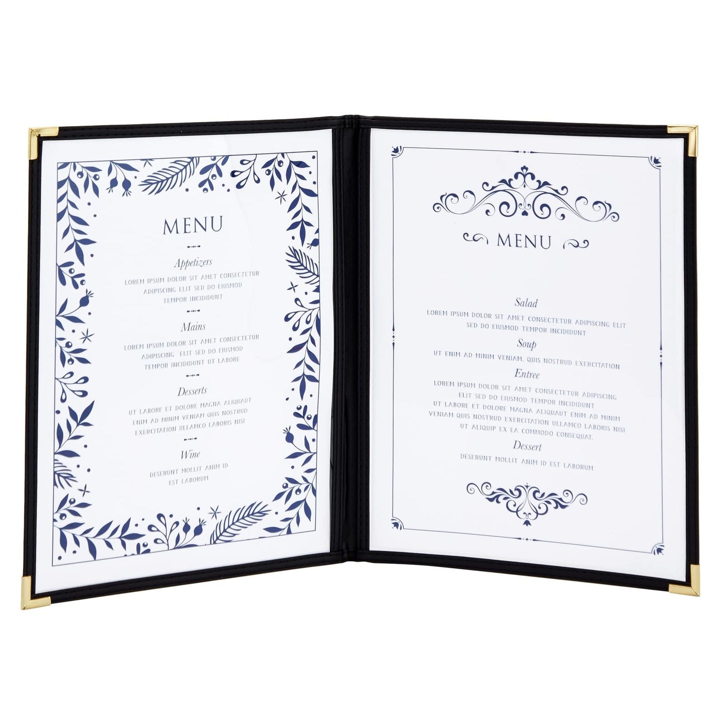 Juvale Clear Menu Covers 8x11 in 4 View - 12-Pack, Letter Size Black PU Leather - Double Panel Clear Sleeves & Gold Metal Corners - Menu Holders for Restaurants & Bars