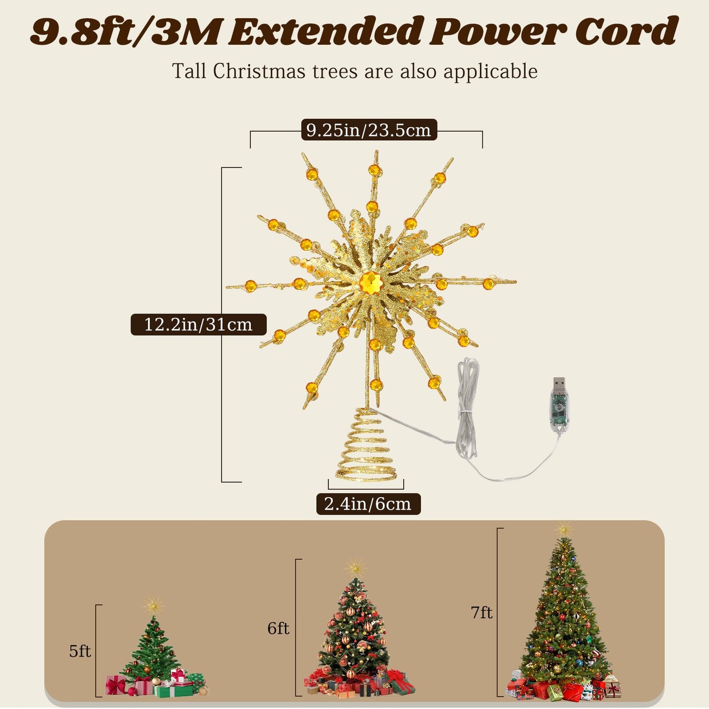 Lewondr Christmas Tree Topper, 12.2'' Metal Xmas Star Tree Topper with 20 LED Bulbs, USB Powered Glittered 12-Pointed Treetop for Christmas Ornaments, Remote Control, 6H Timer, 8 Light Modes, Gold