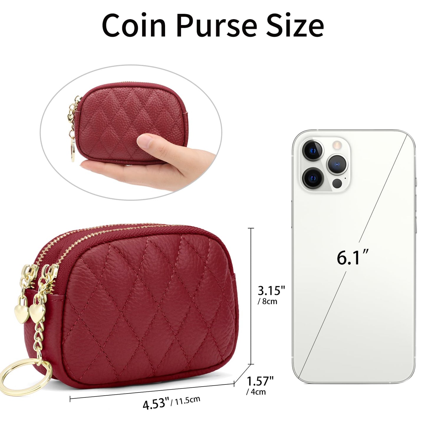 SENDEFN Women's Coin Purse Genuine Leather Wallet Small 2 Zippers Change Pouch Purse with Keychain Ring