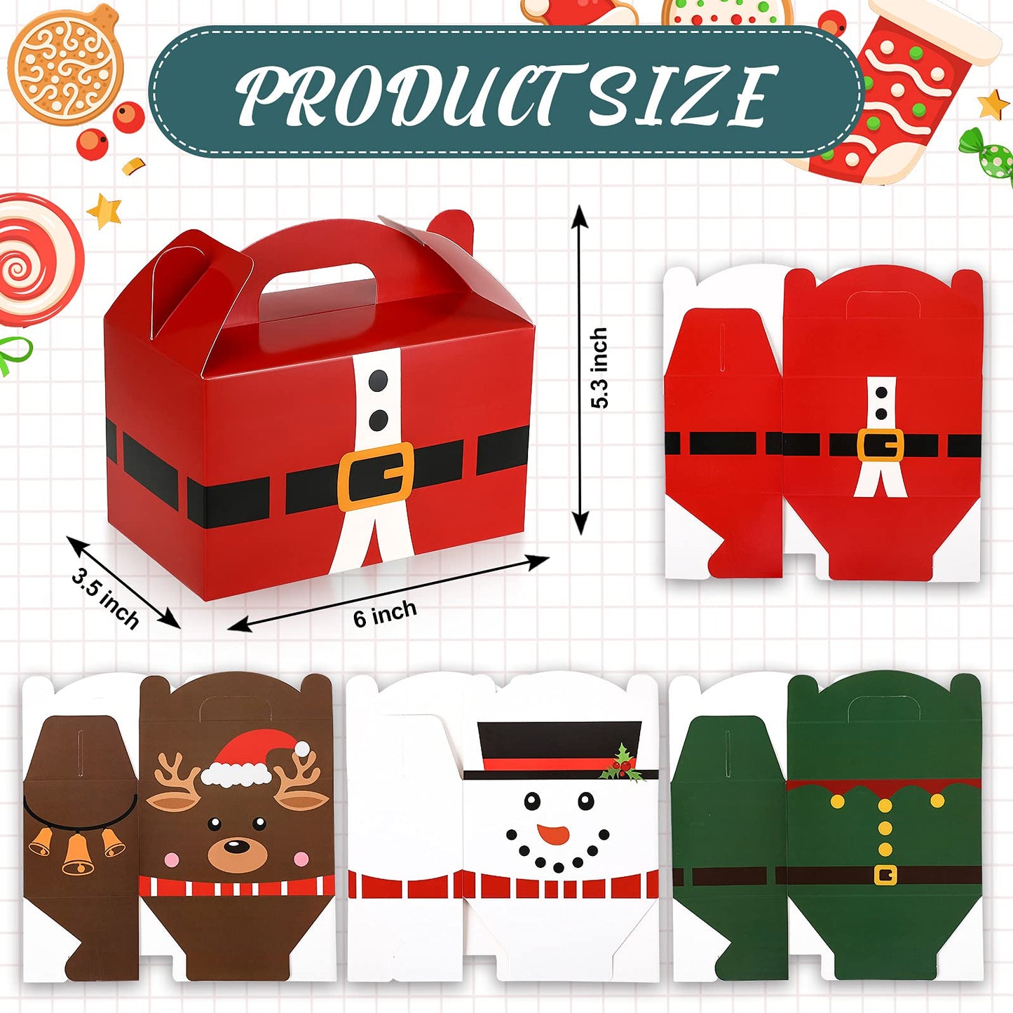 Clabby 24 Pcs Christmas Treat Boxes with Handles 3D Christmas Cookie Gift Boxes Cardboard Goodie Candy Bags Xmas Santa Elf Snowman Elk Gingerbread Holiday Party Favor Supplies, 4 Design(Cute Style)