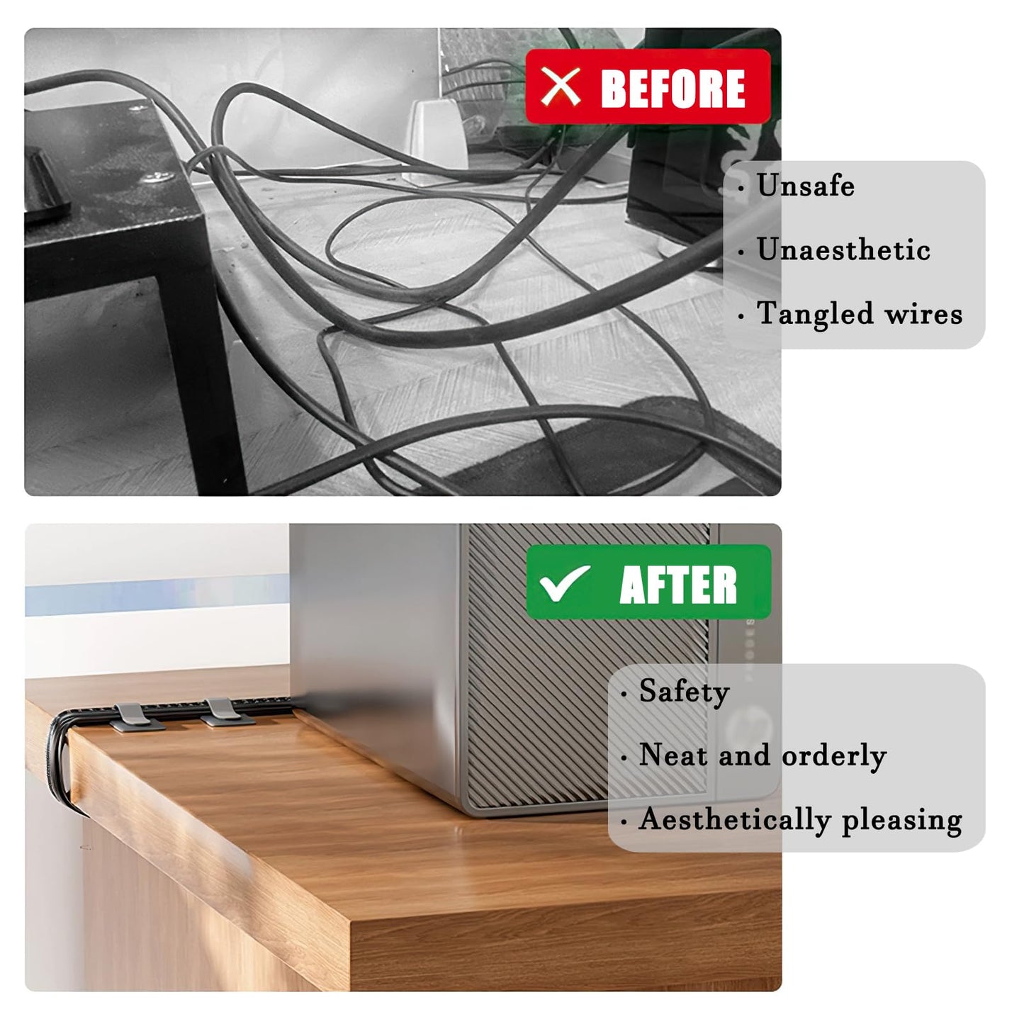 80PCS Hook and Loop Cable Ties, Under Desk Cable Management, Adhesive Cable Straps, Cord Management Hider Idea, Cord Organizer for Desk, Computer Accessories, Home Office Organization, Black+White