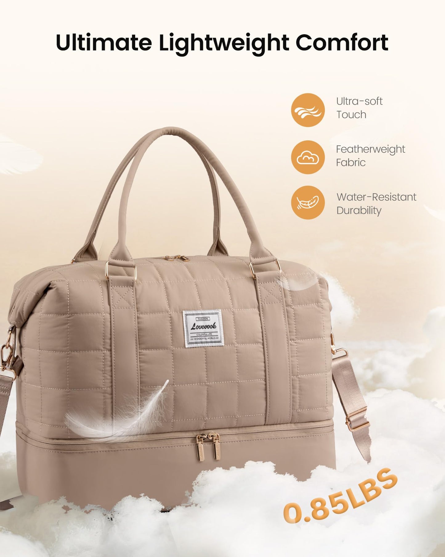 LOVEVOOK Travel Duffel Bag - Versatile Weekender Bag for Women, Puffer Carry On & Overnight Bag for Short Trips, Coffee Brown
