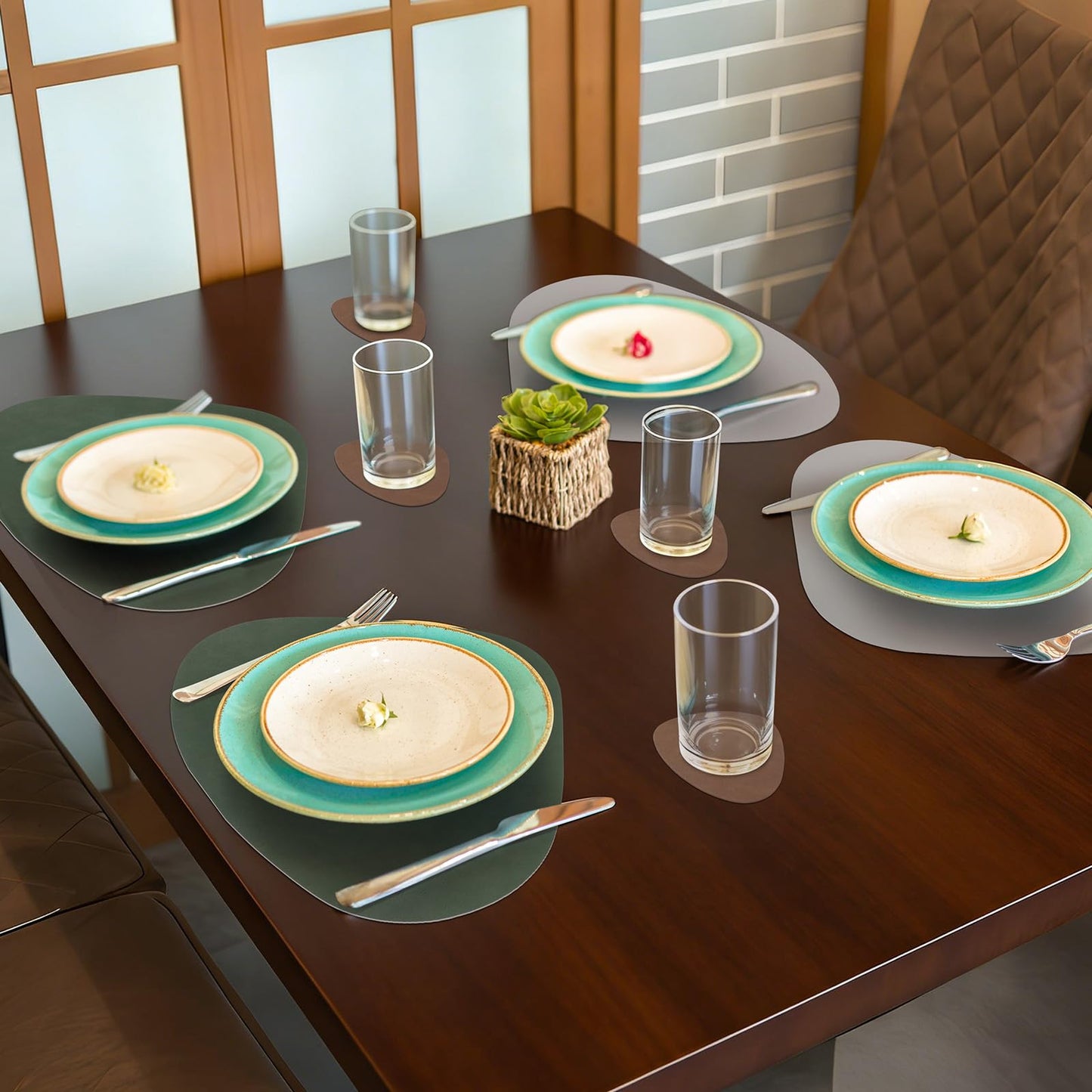 comfoyar Faux Leather Placemats with Coasters Set of 6, 13x16.5 Inch Non-Slip Dual-Sided Green Grey Place Mats, Washable Waterproof Table Mats for Indoor Kitchen Dining Party Table Decoration
