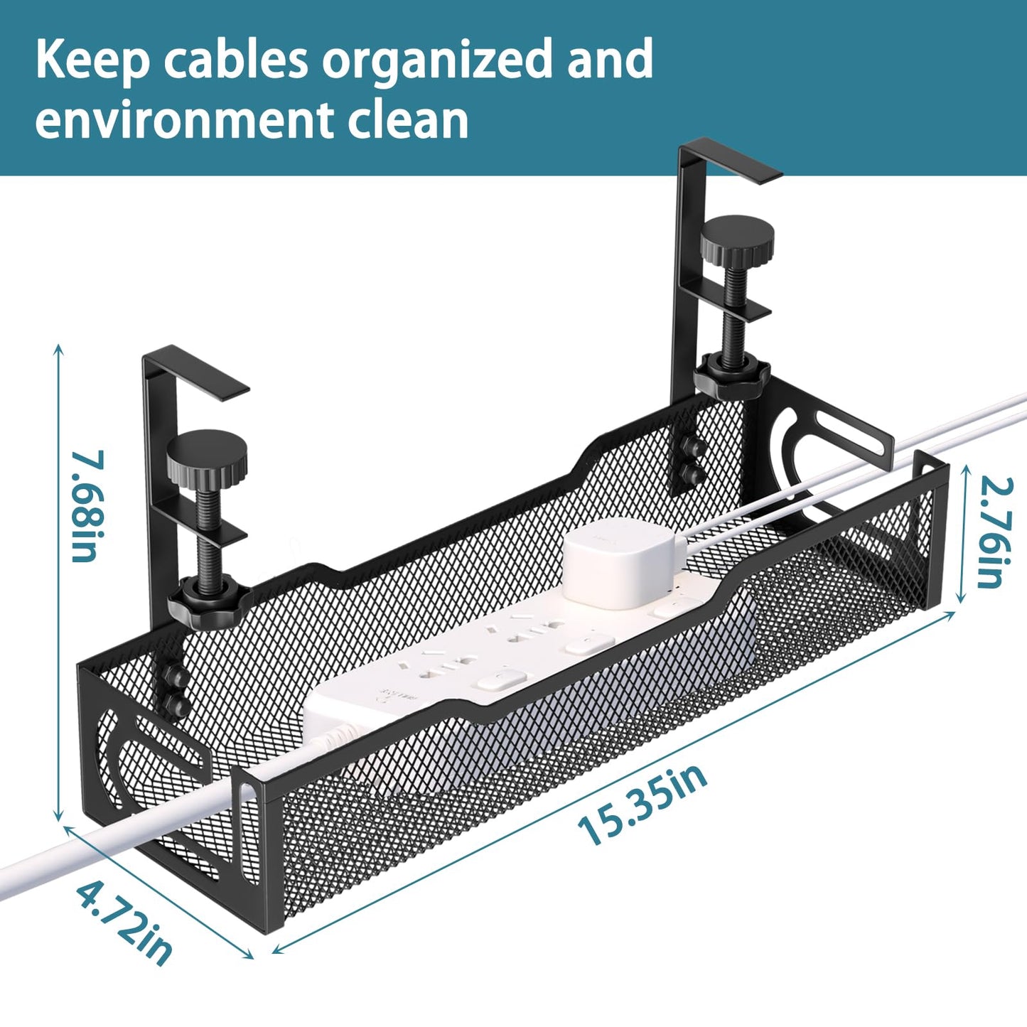 Under Desk Cable Management Tray, No Drill Mesh Desk Cable Tray, Wire Management Tray Cable Management Rack, Wire Organizer and Cable Management Box (Black)
