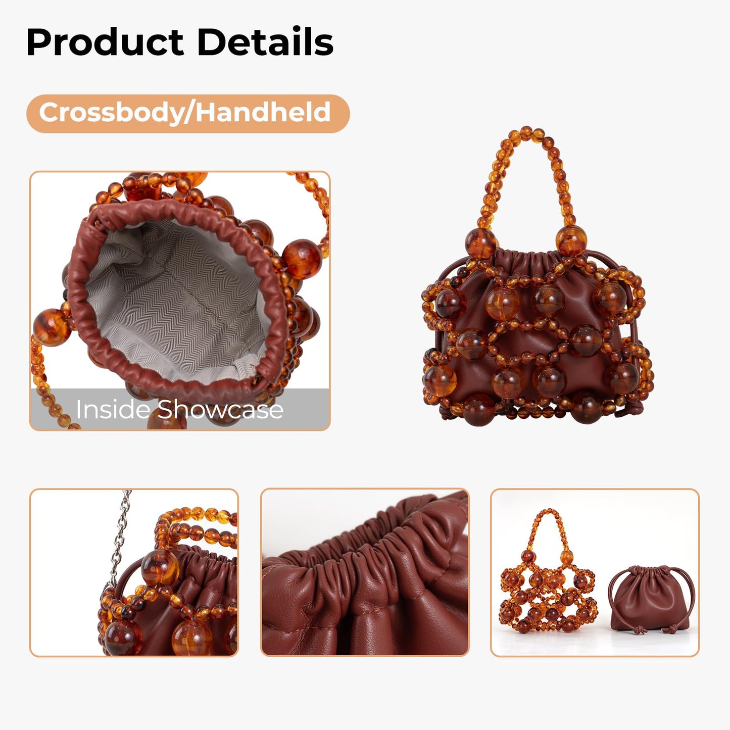frrbuu Women's brown leather shoulder bag with amber bead decoration, Bohemian women's crossbody bag, cute little handbag (brown)