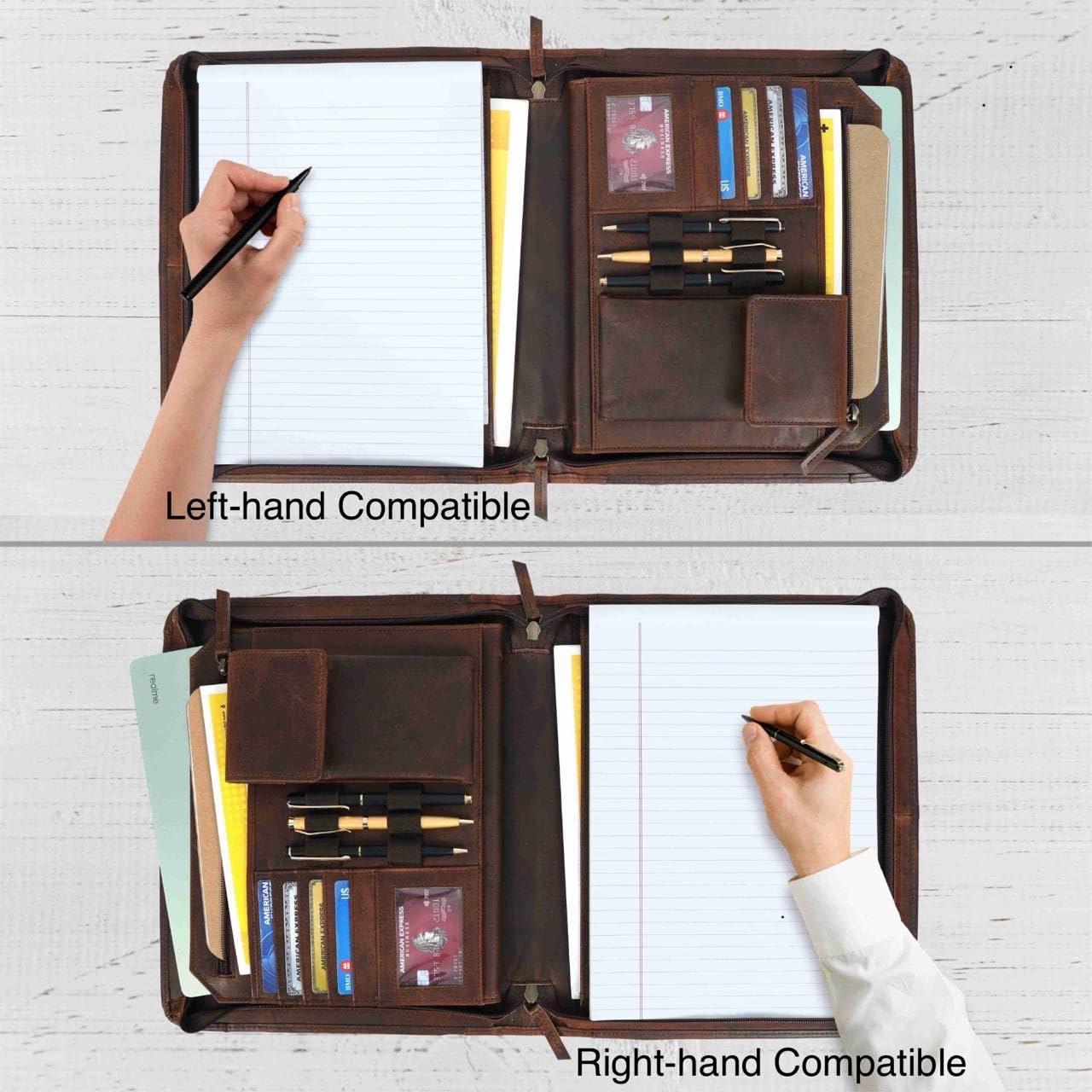 Leather Portfolio for Men, Portfolio Organizer with Zipper for Men Women, Leather Padfolios Business Resume Legal Pad Notebook Binder for A4/Pad (Brown)