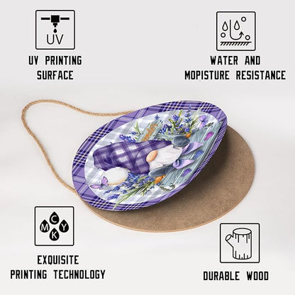 Spring Gnome Lavender Flower Sign for Front Door 12"x12" Summer Purple Floral Buffalo Plaid Wood Door Hanger for Outdoor Outside Porch Spring Summer Farmhouse Wooden Wreath for Wall Porch Yard
