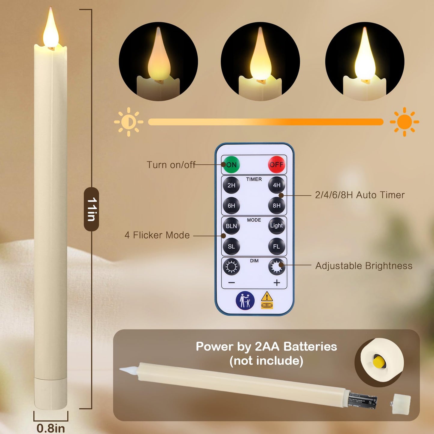 yunsheng 11 Inches Flameless Taper Candles Flickering with Remote & Timer, Set of 6 Battery Operated LED Window Candles, Ivory Plastic LED Candlestick with 3D Wick for Christmas Wedding Home Decor