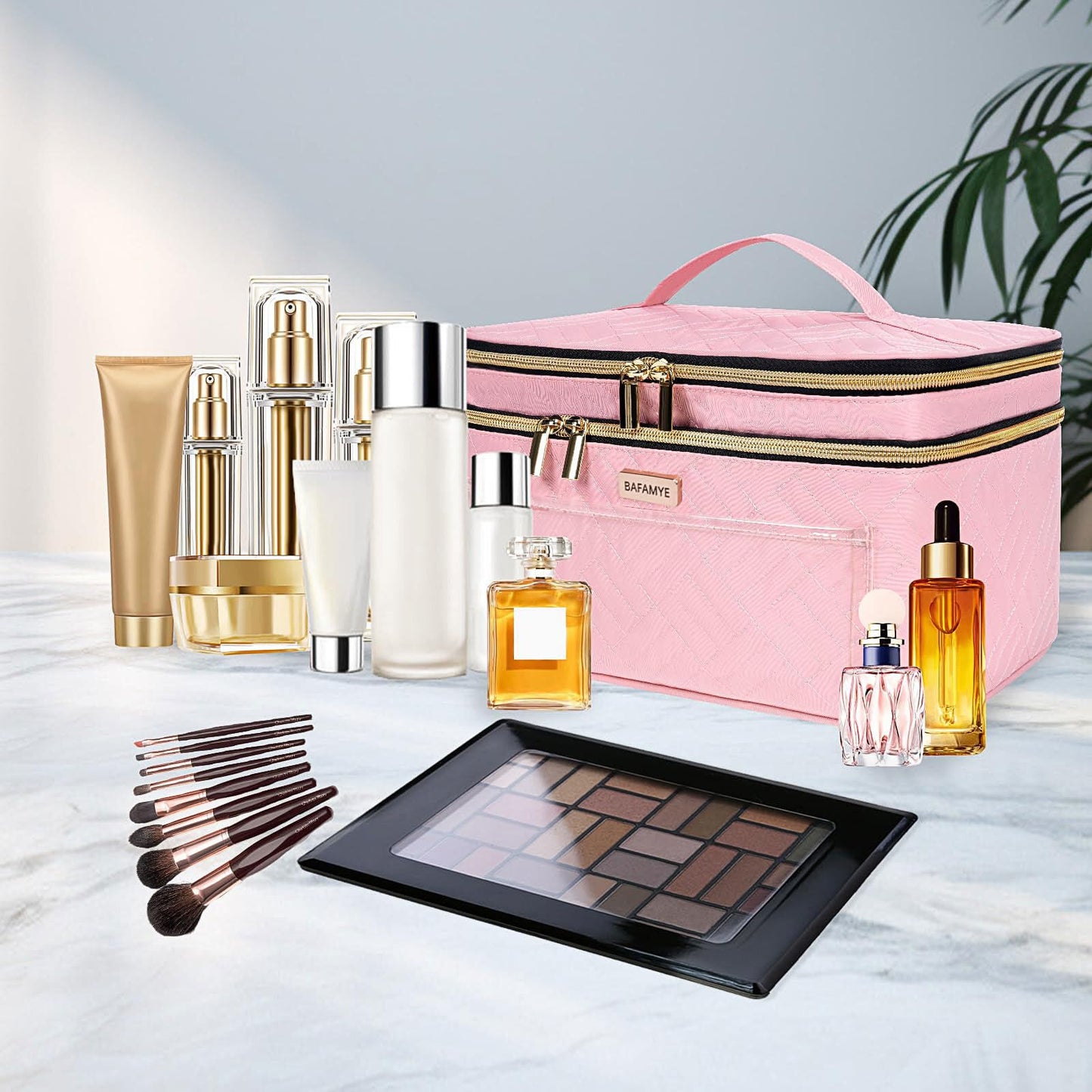 BAFAMYE Double Layer Travel Makeup Bag for Women, Large Cosmetic Case Organizer with Makeup Brush Compartment, Portable Train Case Make Up Bag for Travel-Size