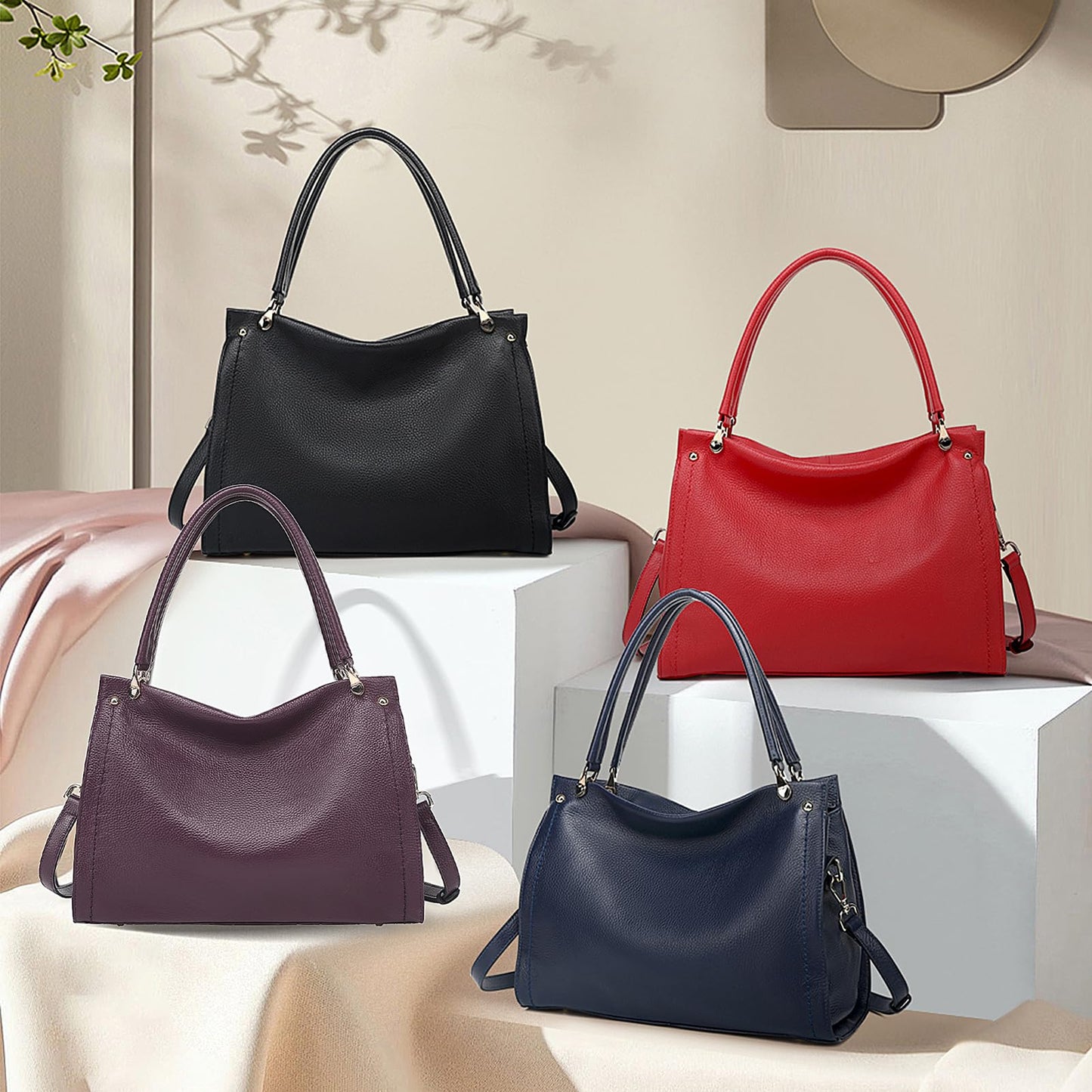 KOGTLA Medium Genuine Leather Tote Handbags for Women, Ladies Soft Satchel Shoulder Purses, Two-Handle Hobo Bags