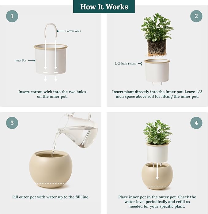Self Watering Plant Pot | 7 Inch Ceramic Indoor Planter Pot with 4.25 Inch Opening | Ivory Pot for Indoor Plants | Round Self Watering Planter | Neutral Home Decor