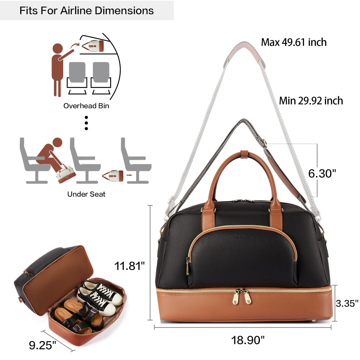 BOSTANTEN Weekender Bags for Women Leather Travel Duffle Bag Carry On Large Tote Duffel with Shoe Compartment and Trolley Sleeve