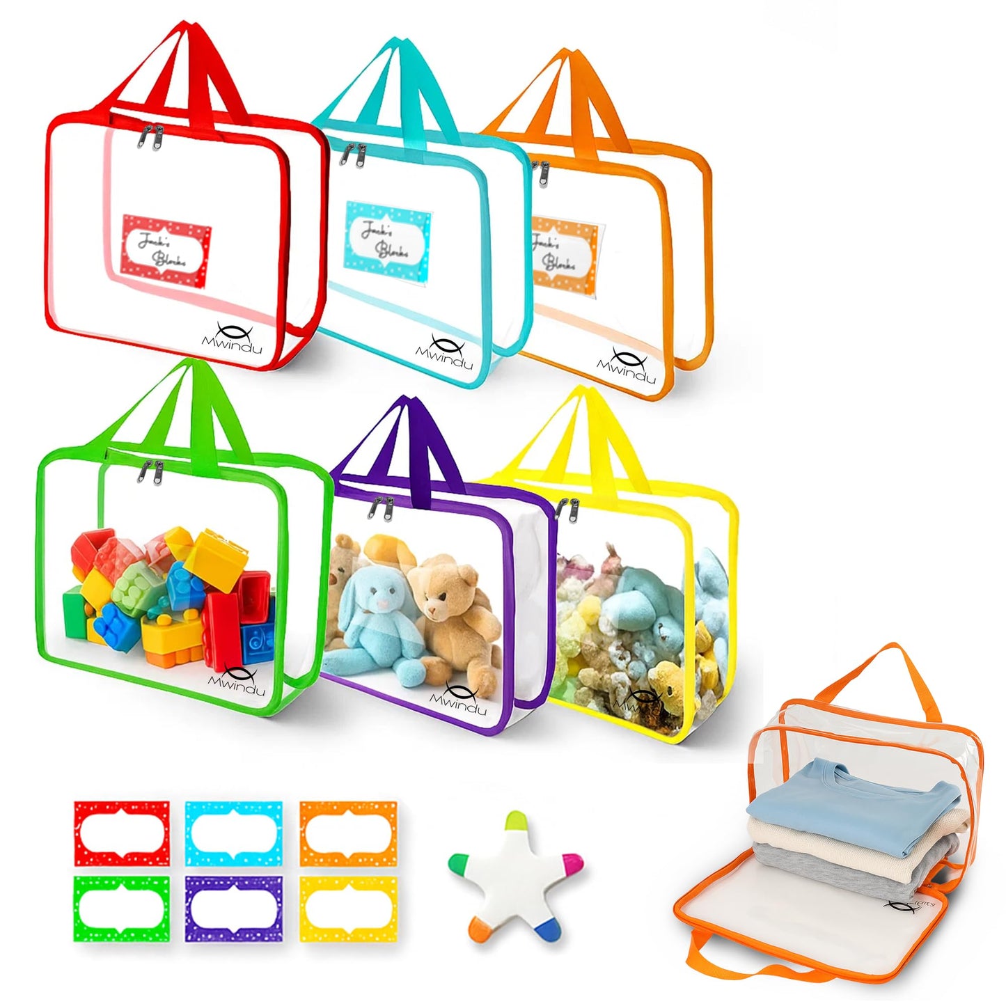 6 Pack Extra Large Toy Storage Bags with Labels – Clear Waterproof Reusable Organizer Bags with Zipper & Handles for Playroom, Kids Room, Books, Puzzles & Games