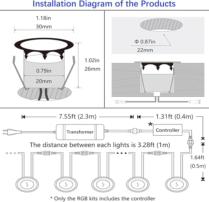 LED Outdoor Deck Lights with Photocell, Warm White Φ1.18in Low Voltage 12V DC IP67 Waterproof, Electric Wired Recessed Round Up Landscape Lighting for Outside Stair Step Riser, 8 Pack Black