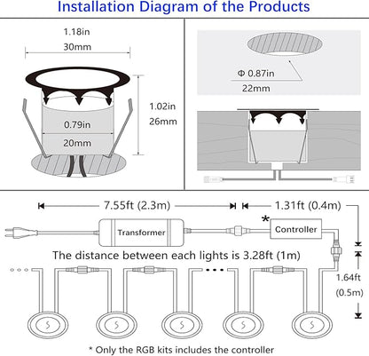 LED Outdoor Deck Lights with Photocell, Warm White Φ1.18in Low Voltage 12V DC IP67 Waterproof, Electric Wired Recessed Round Up Landscape Lighting for Outside Stair Step Riser, 8 Pack Black