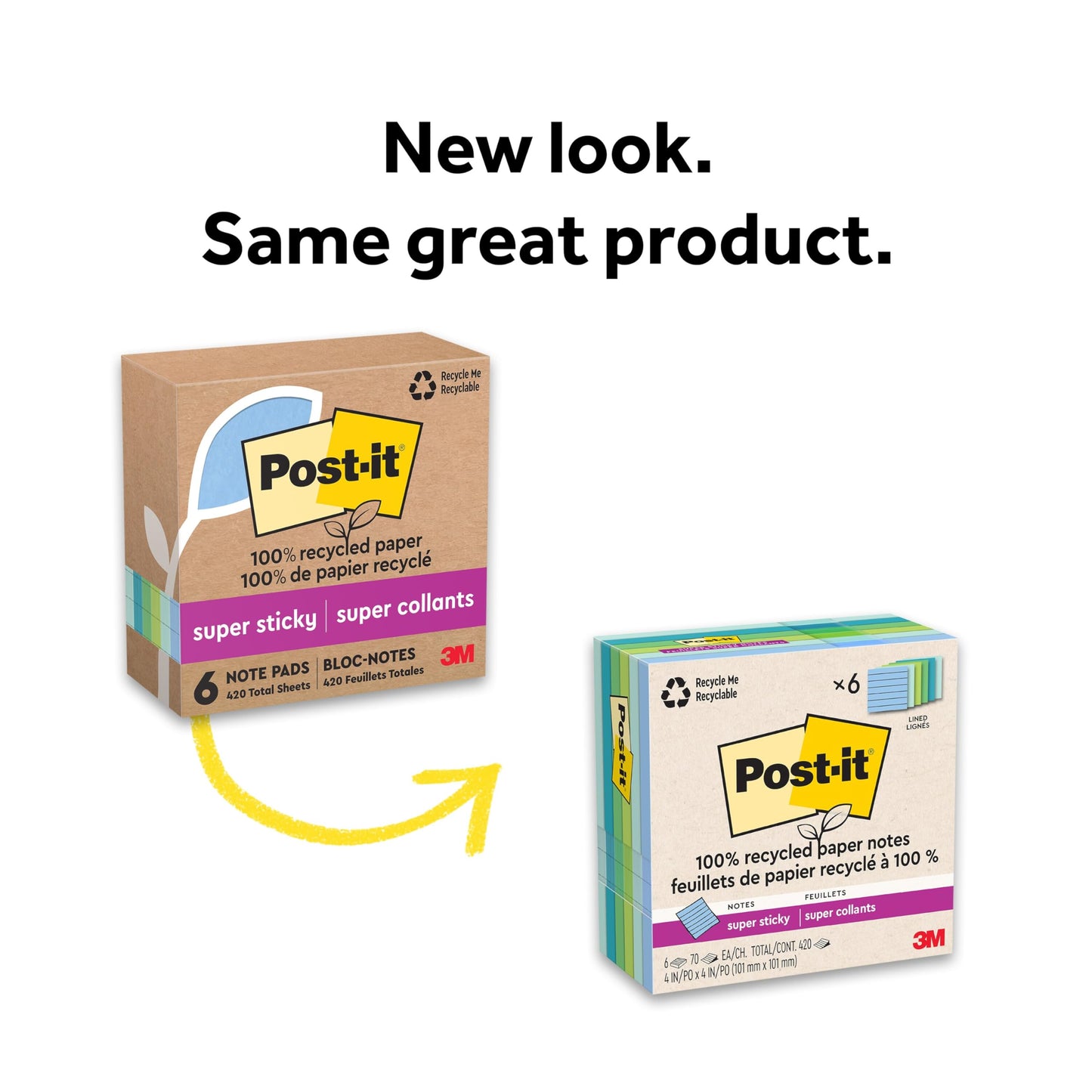Post-it 100% Recycled Paper Super Sticky Notes, Lined, 4 in. x 4 in., 6 Pads, 70 Sheets per Pad, Oasis Collection, School Supplies and Office Products