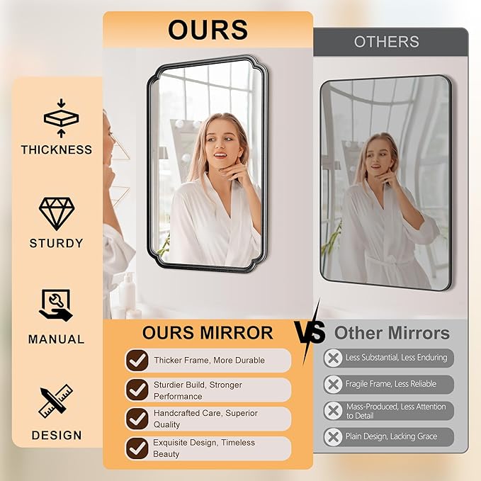 22x34 Inch Black Bathroom Mirror, Metal Framed Wall Mirror with Rounded Edges, Rustproof Horizontal Vertical Hanging for Vanity Over Sink
