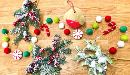 Christmas Felt Ball Garland - Peppermints Candy Cane Pom Pom Garland, Hand-Made from Natural Wool - Cute Hanging Decor for Christmas Tree, Kids Bedroom, Living Room, Nursery Decoration- 6.56 Feet Long