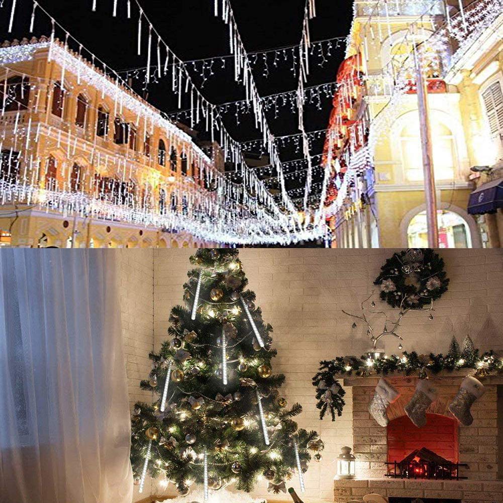Weepong Christmas Lights Outdoor UL Certified Meteor Shower Lights 12 Inch 8 Tubes 192 LED Falling Rain Drop Icicle Snow Cascading Light for Xmas Tree Wedding Party Garden Decoration, White