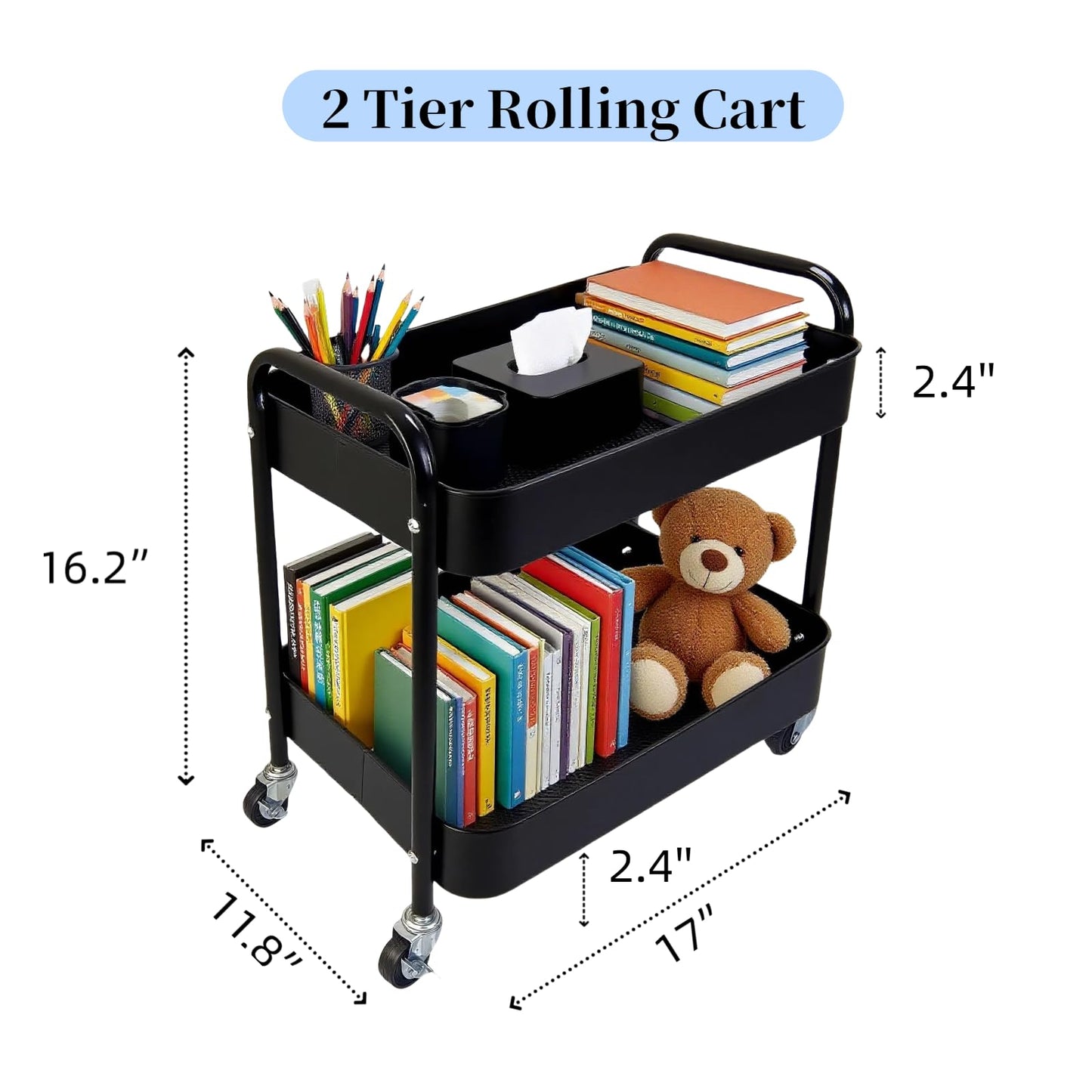 LIWNYRK 2 Tier Rolling Cart with Wheels for Under Desk Storage & Pantry Room, Large Capacity Laundry Room & Makeup Organizer, Sturdy Kitchen Utility Cart for Small Space with 4 Hooks, Black