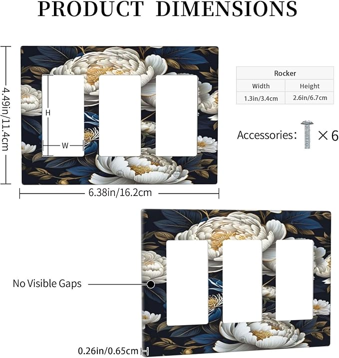 White Gold Blue Flower 3 Gang Rocker Triple Outlet Wall Plate Decorative Switchplate Cover Faceplate GFCI Light Switch Covers for Farmhouse Living Decor