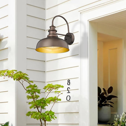 Bestshared Gooseneck Barn Light 14 Inch Dome Farmhouse Wall Sconce, Outside Wall Mounted Light, Exterior Lighting Fixture, Porch Lighs for Entryway, Garage,Patio (ORB+Gold, 14” Dome-2Pack)
