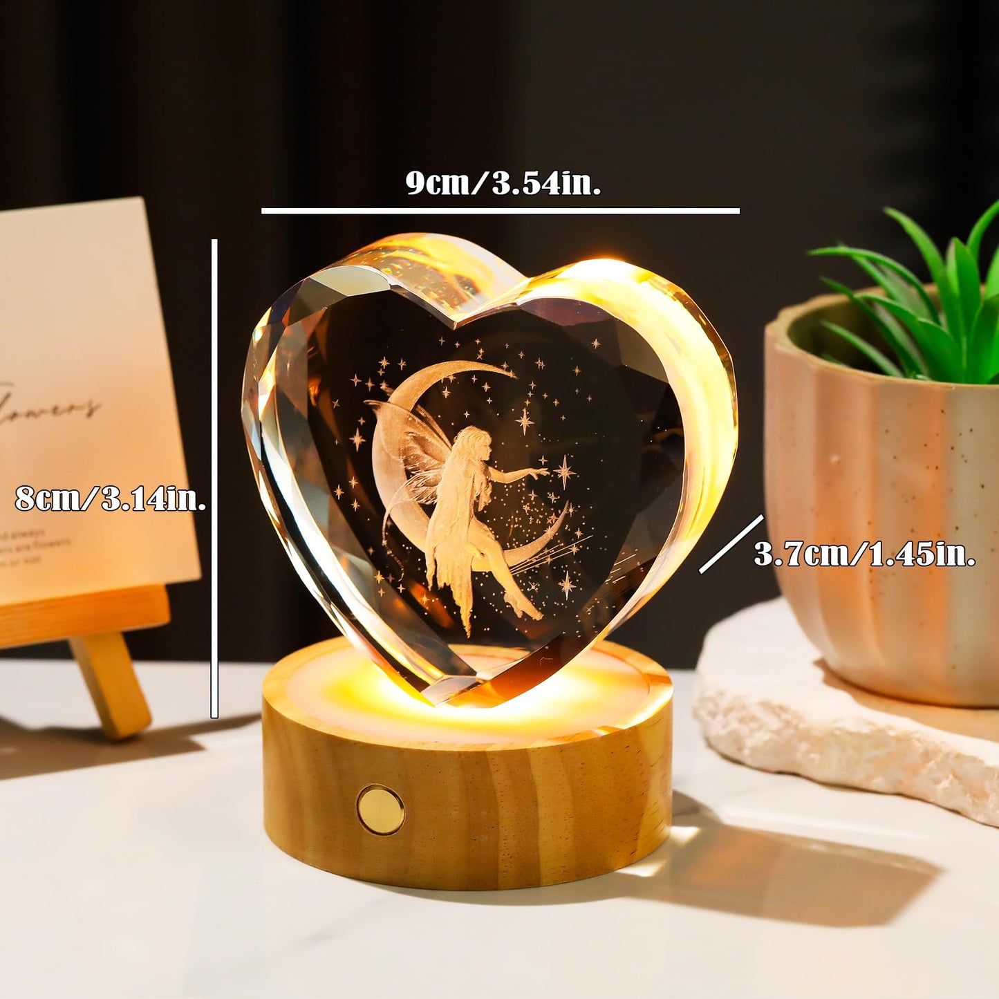 Arikyrist 3D Moon Fairy Figurines Crystal Heart for Women with Wooden Light Base - Glass Statue Witchy Gift for Girls Fairy Lovers Women Collectible Tinkerbell Night Light Home Decor