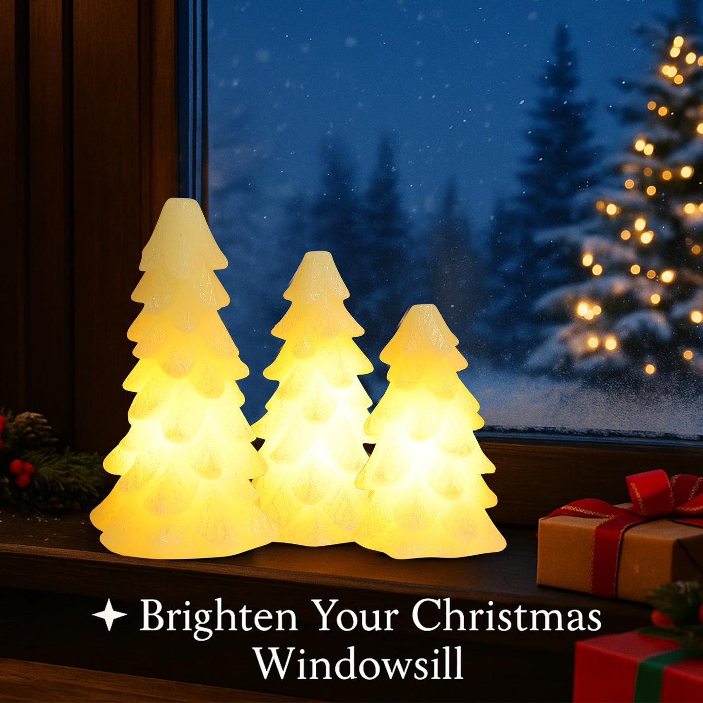 CHUANGLI 3 Pcs Glittering White Christmas Tree Shaped Candle Flickering Flameless LED Candles with Remote, Real Wax Battery Operated Candle for Christmas Home Party Decoration and Gift