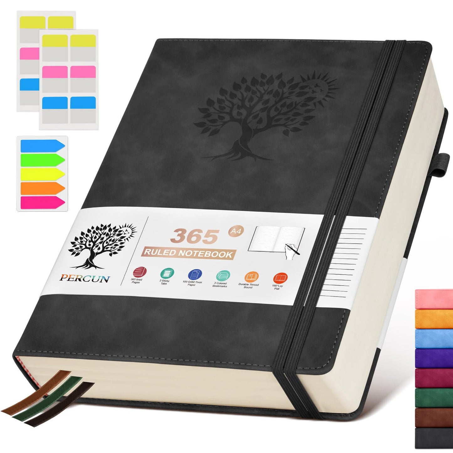 PERCUN A4 Lined Journal Notebook，365 Page Large Leather Journals for Writing Women Men，Hardcover Notebook with 100Gsm Thick Pages for Travel，Work，School，College Ruled, Daily Diary (8.5" x 11.4")
