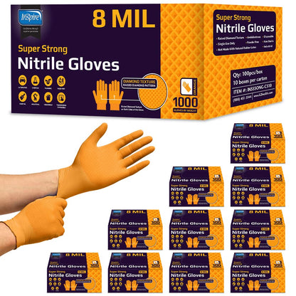 Inspire Heavy Duty Orange Nitrile Gloves | ULTRA 8 Mil Diamond Textured Grip | Industrial Mechanic Disposable Cleaning Gloves Medium, 1000 Count