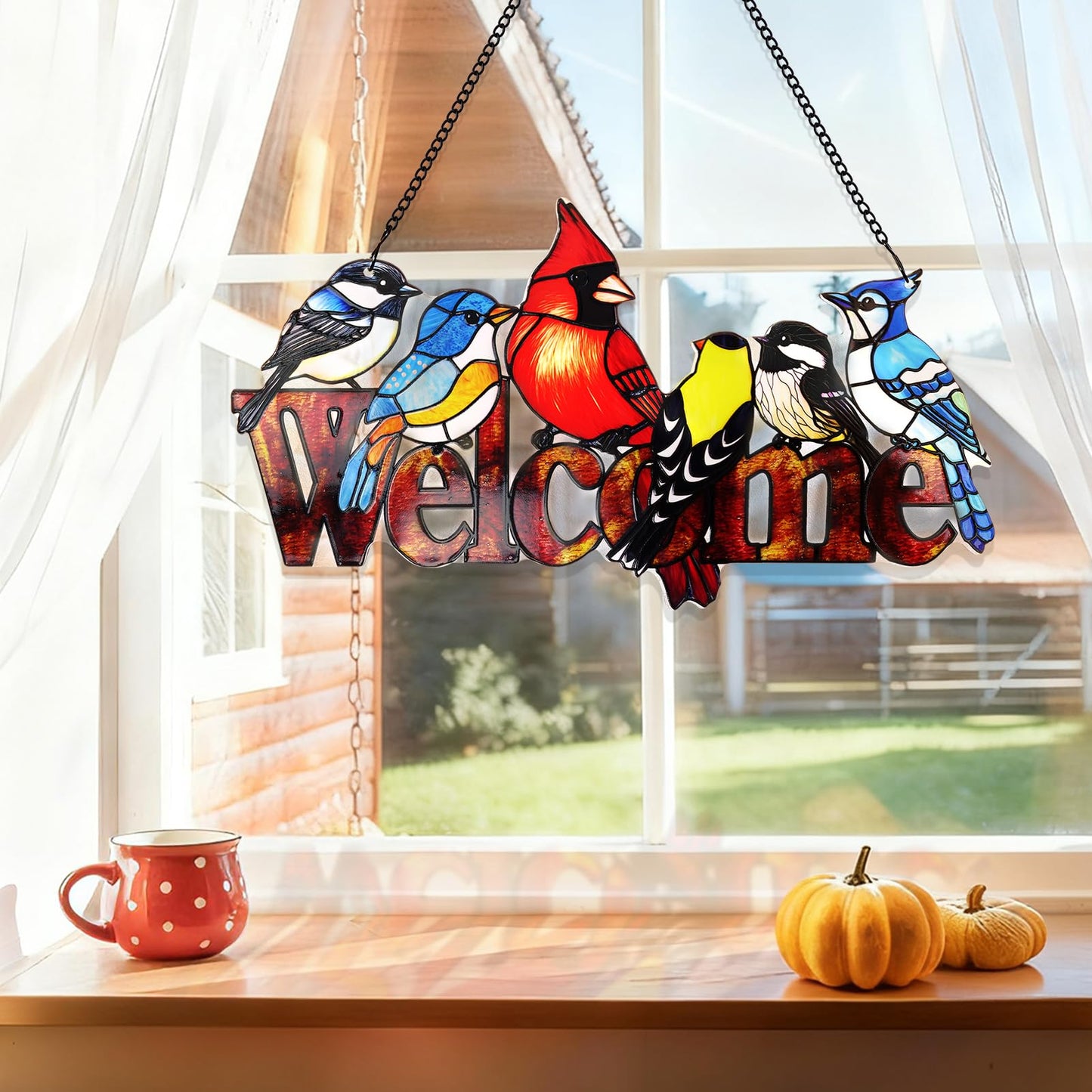 Remiawy Cardinal Stained Glass Window Hanging, Six Birds on Welcome Sign with Metal Chain and Hooks Window Decor Ornament Gift for Bird Lover Grandma Mother's Day Christmas