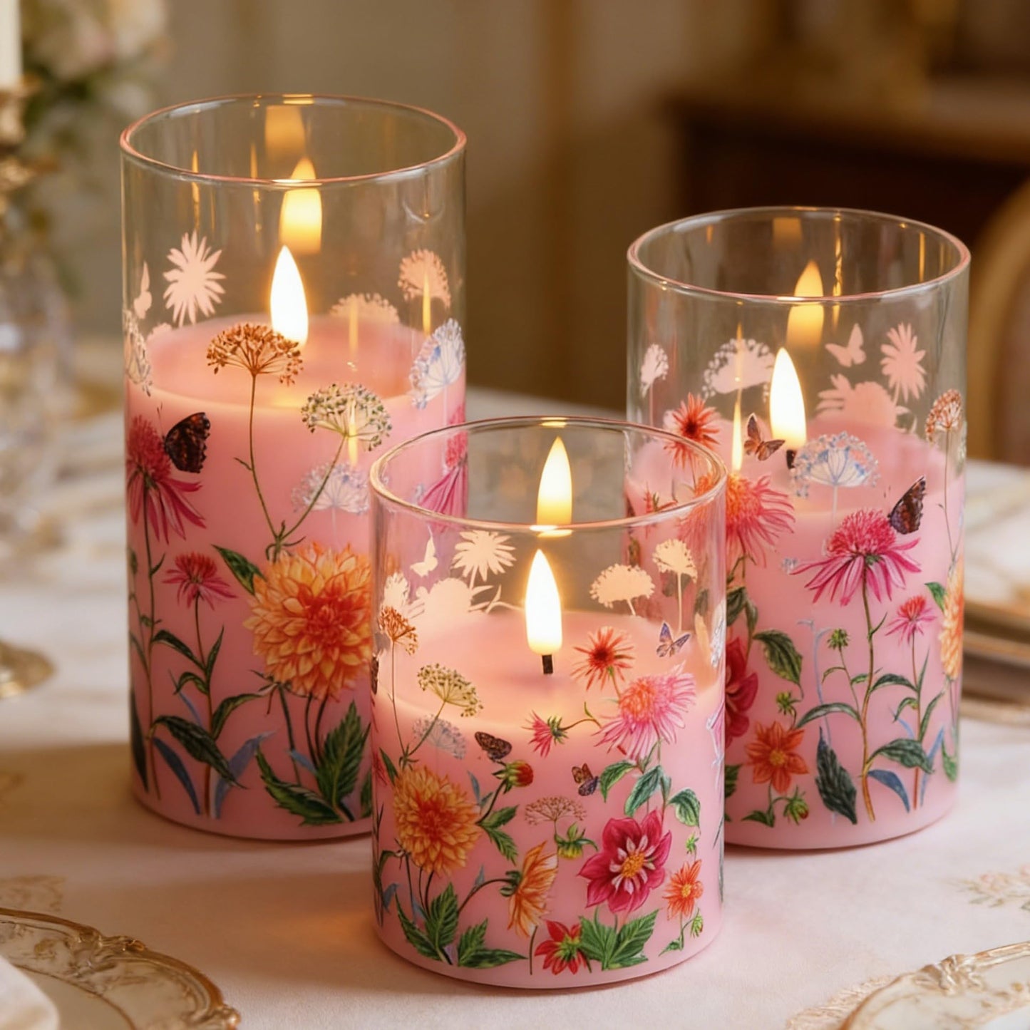 Girimax Pink Floral Glass Flameless Pillar Candles with Remote, Flickering Spring LED Battery Candles Home Decor Set of 3
