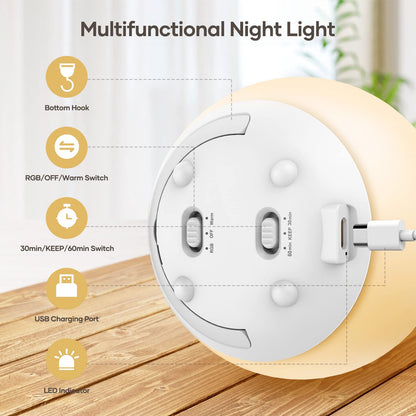 Night Light for Kids, USB Rechargeable Beside Lamp with Dimmable,Warm Light,7 Colors Changing,Touch Control, 0.5/1Hour Timer for Nursery, Baby,Bedroom,Camping