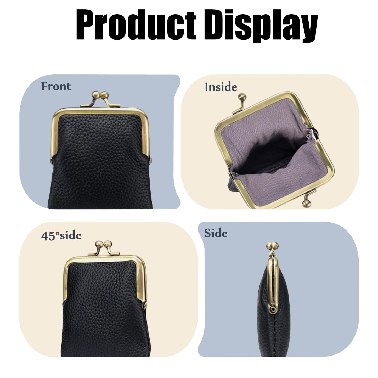 ZZHAOYI Women Genuine Leather Clutch Coin Purse Mini Kiss Lock Change Purse Wallet Slim Retro Coin holder Purse (White)