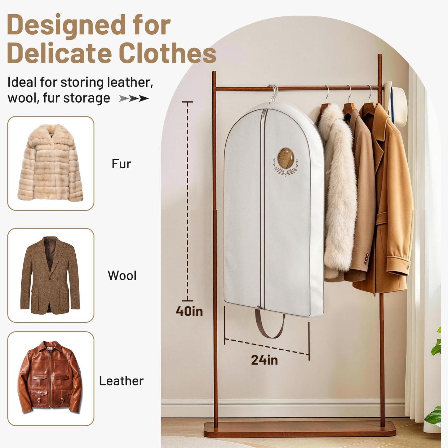 MISSLO 40" Cotton Garment Bags for Travel Waterproof Suit Bag Travel Mens Breathable Suit Cover Foldable Fur Coat Covers for Closet Storage for Women Short Hanging Clothes Bag for Jacket, Shirt, Dress