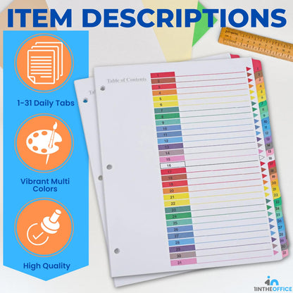 1InTheOffice 1-31 Tab Dividers for 3 Ring Binders, 31 Tab Daily Divider Sets, Table of Contents Divider Tabs, Multi-Color, 11 x 8.5, 2 Pack