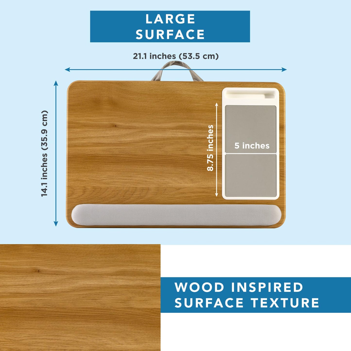 LAPGEAR Home Office Pro Lap Desk with Wrist Rest, Mouse Pad, and Phone Holder - Oak Woodgrain - Fits up to 15.6 Inch Laptops - Style No. 91599
