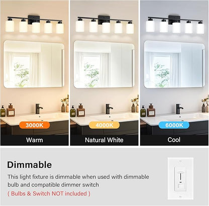 Black Bathroom Light Fixtures, 5-Light Modern Vanity Light Over Mirror, Wall Sconces with Milky White Frosted Glass Shades, E26 Socket (Bulbs Not Included)