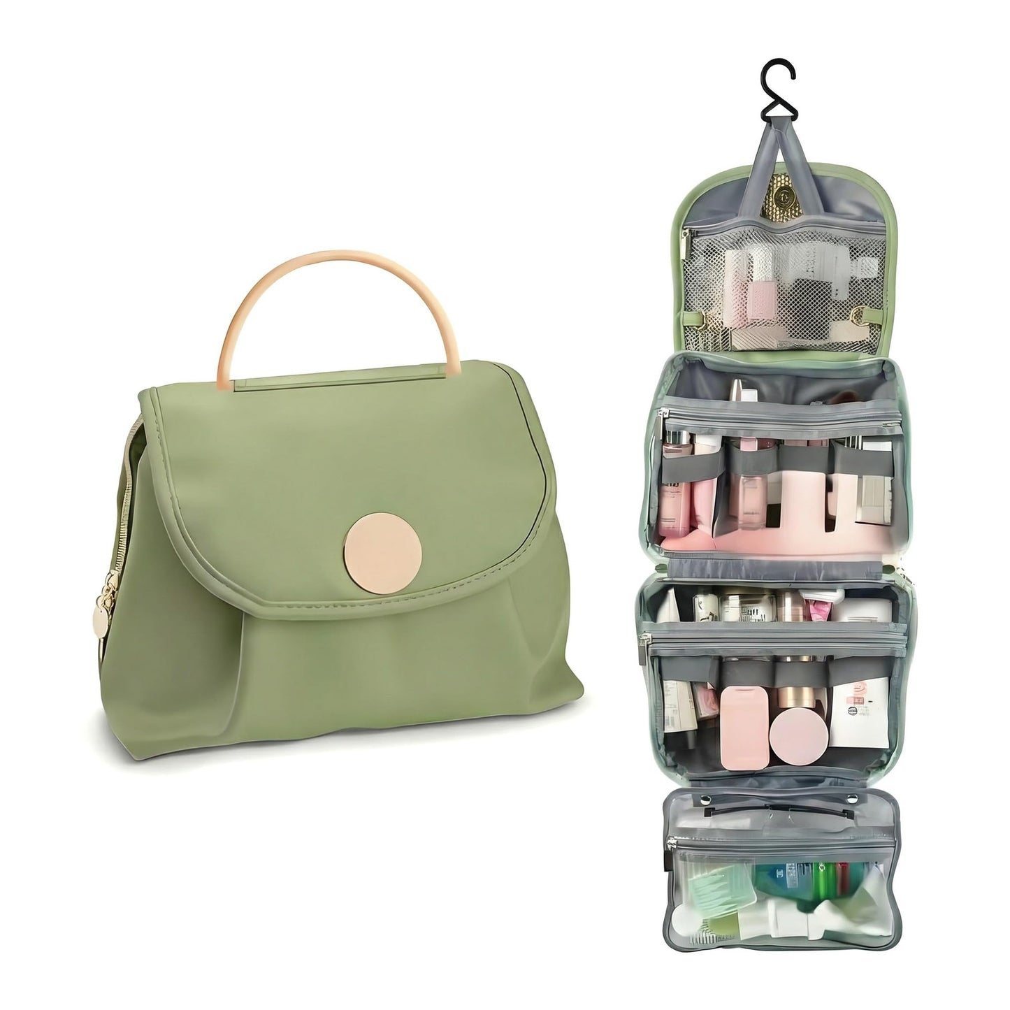JATHIN Travel Toiletry Bag for Women - Hanging Cosmetic Makeup Organizer with Clear Compartments, Water-Resistant Cosmetic Bag, Perfect for Vacation, and Daily Use (green)