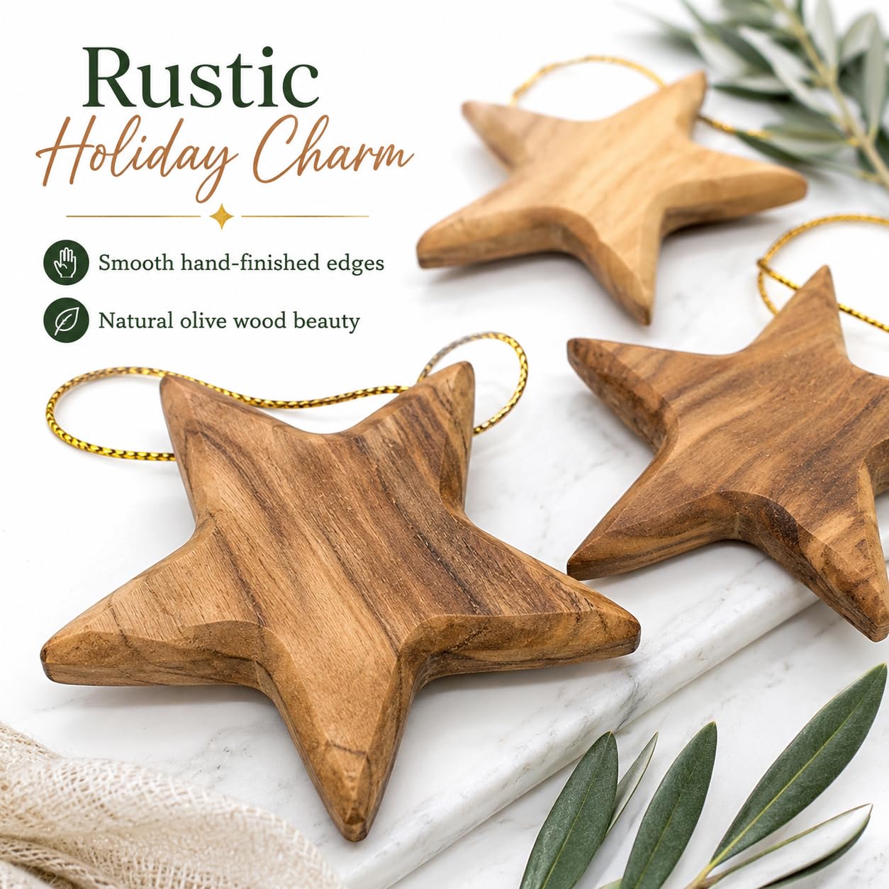 Zuluf Set of 3 Olive Wood Star Ornaments from Bethlehem 2.56 Inch, Handcrafted Star of Bethlehem Christmas Tree Decorations, Rustic Holy Land Christian Wooden Ornaments, with Certificates
