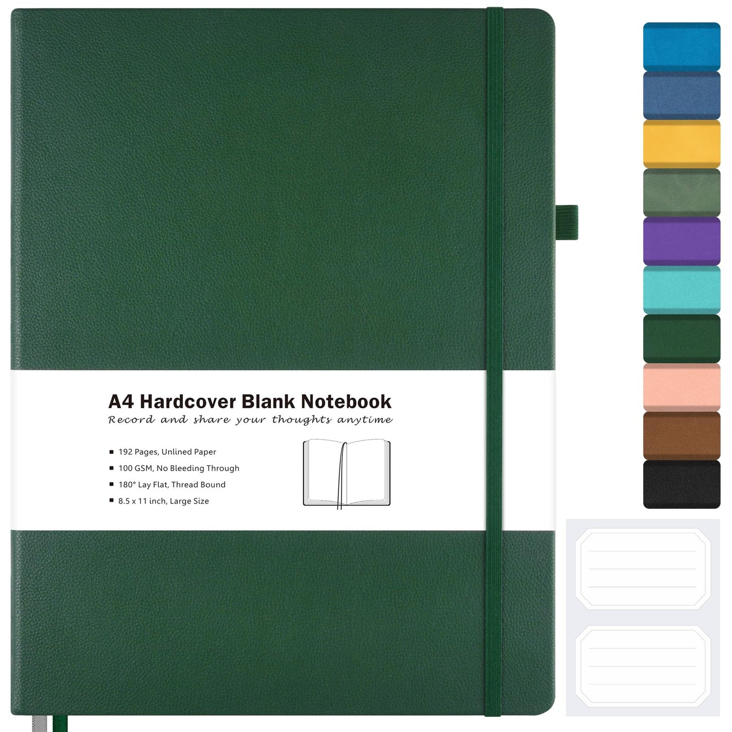 Blank Notebook, Hardcover Sketch Book, 8.5" x 11" Large Blank Journal, No Bleed Thick Paper Sketchbook for Drawing, Unlined Notebook Journal for Women Men School, A4 Leather Sketchbook Lay Flat, Green