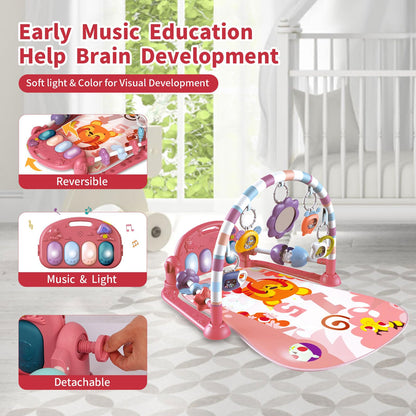 Baby Gym Play Mat, Piano Kick and Play Lights and Music Tummy Time Toys Infant Musical Activity Gym Mat for Visual, Hearing, Sensory, Gift Suitable for Newborns Aged 0 to 3 6 9 12 Months (Pink)