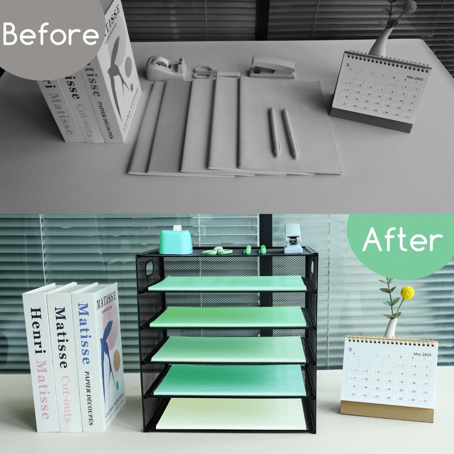 IOUGDSEC Paper Letter Tray with Handle, 5 Tier Metal Mesh Desk File Organizer, A4 Paper Desktop Filing Trays, Desk Tidy Magazine Document Holder for Home Office, Black