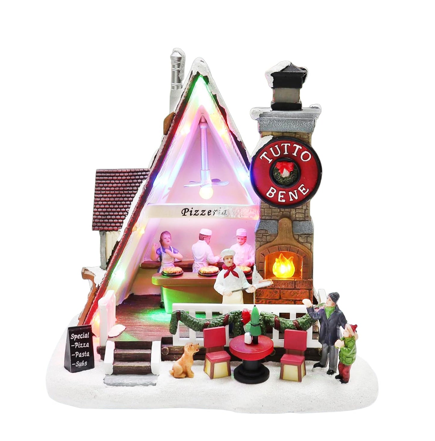 MOMENTS IN TIME Pizza Christmas Village Pizza Shop Scene LED Musical Pizzeria Scene Handcrafted Italian Restaurant Holiday Decoration Battery Operated Tabletop Display Christmas Village Display
