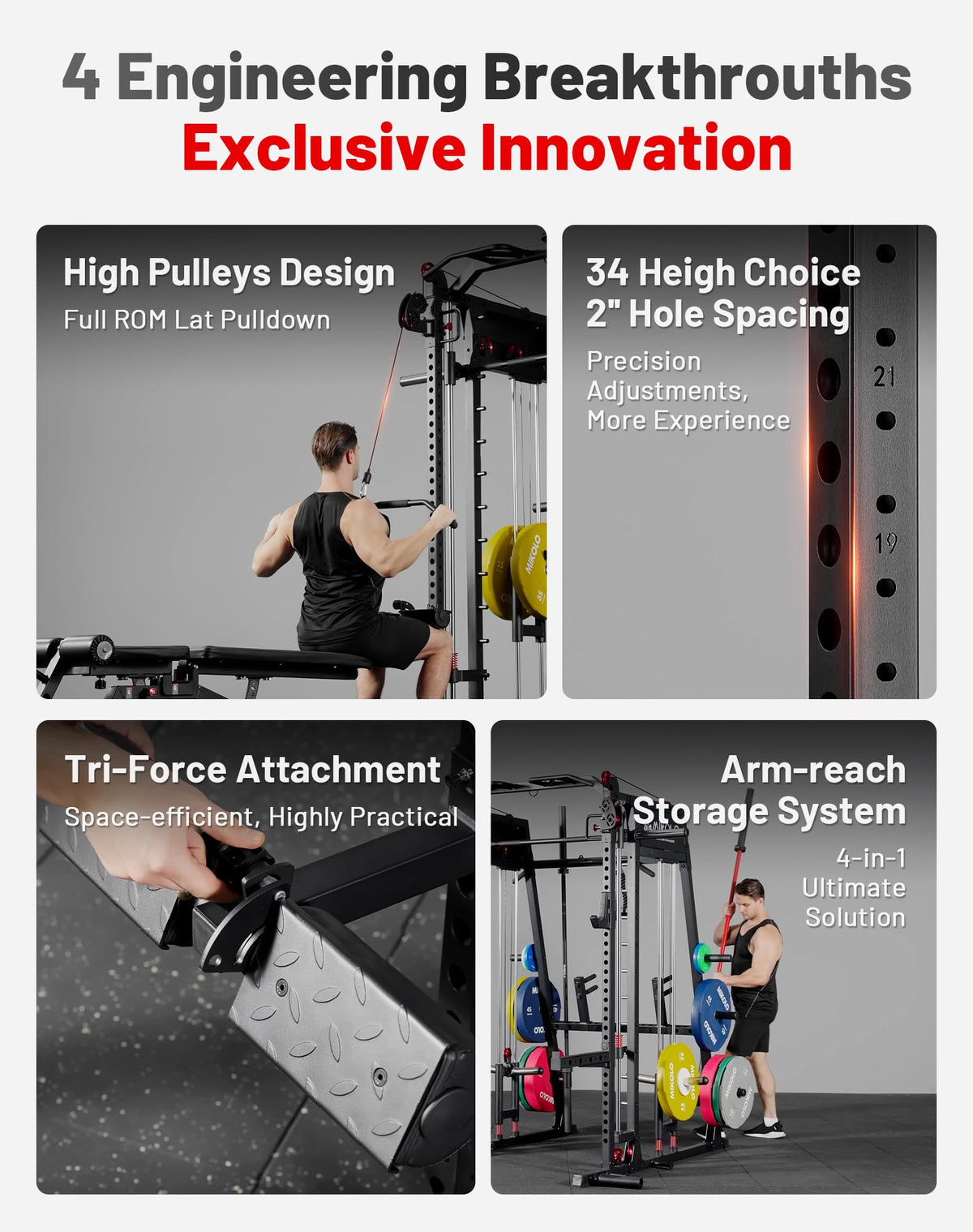 Mikolo Smith Machine with Weight Stack, 2200lbs Squat Rack with LAT-Pull Down System & Cable Crossover Machine, Multi-Function Power Cage, Black