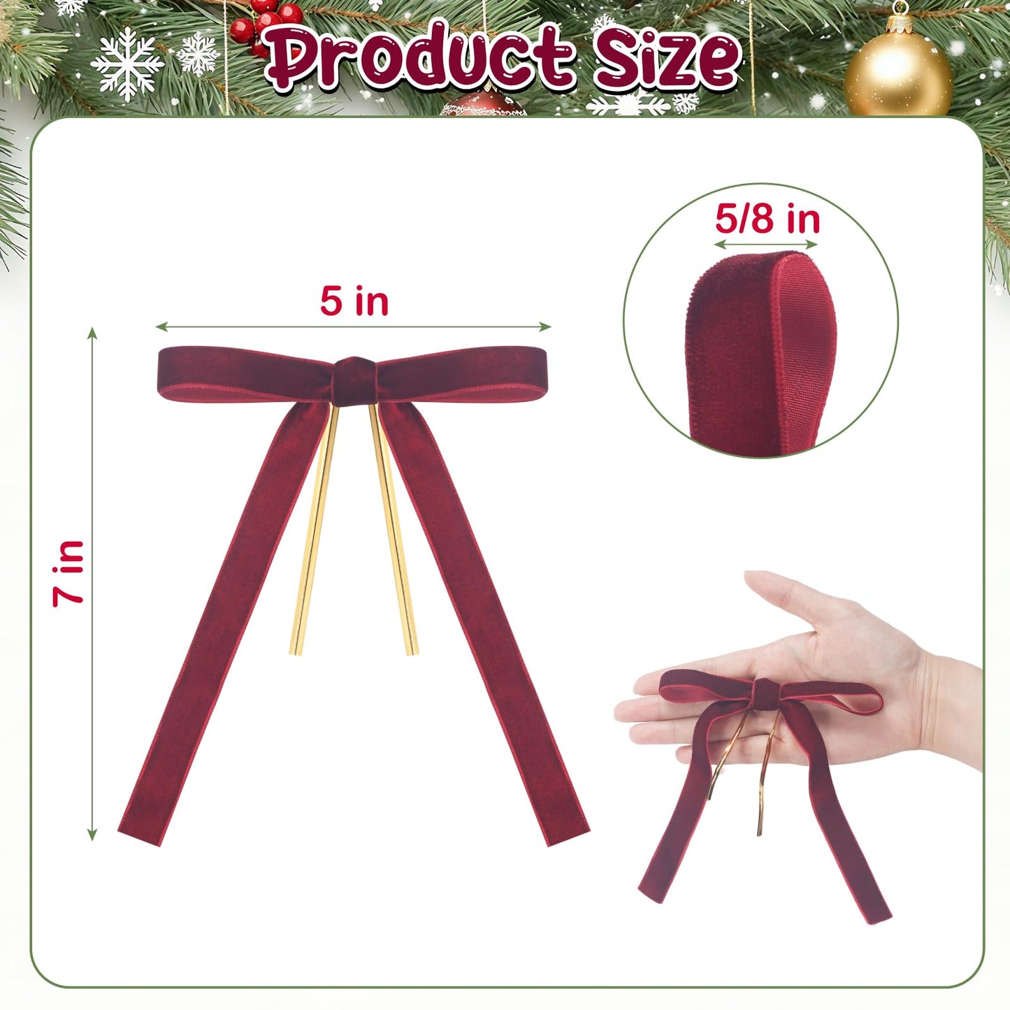 Burgundy Velvet Bows for Christmas Tree, 24 PCS Small Dark Red Christmas Bows Decorations, Maroon Bow Ornaments for Xmas Tree, Wreaths, Garland, Holiday, Gift Wrapping - 5/8'' Wide, 5 × 7 inch