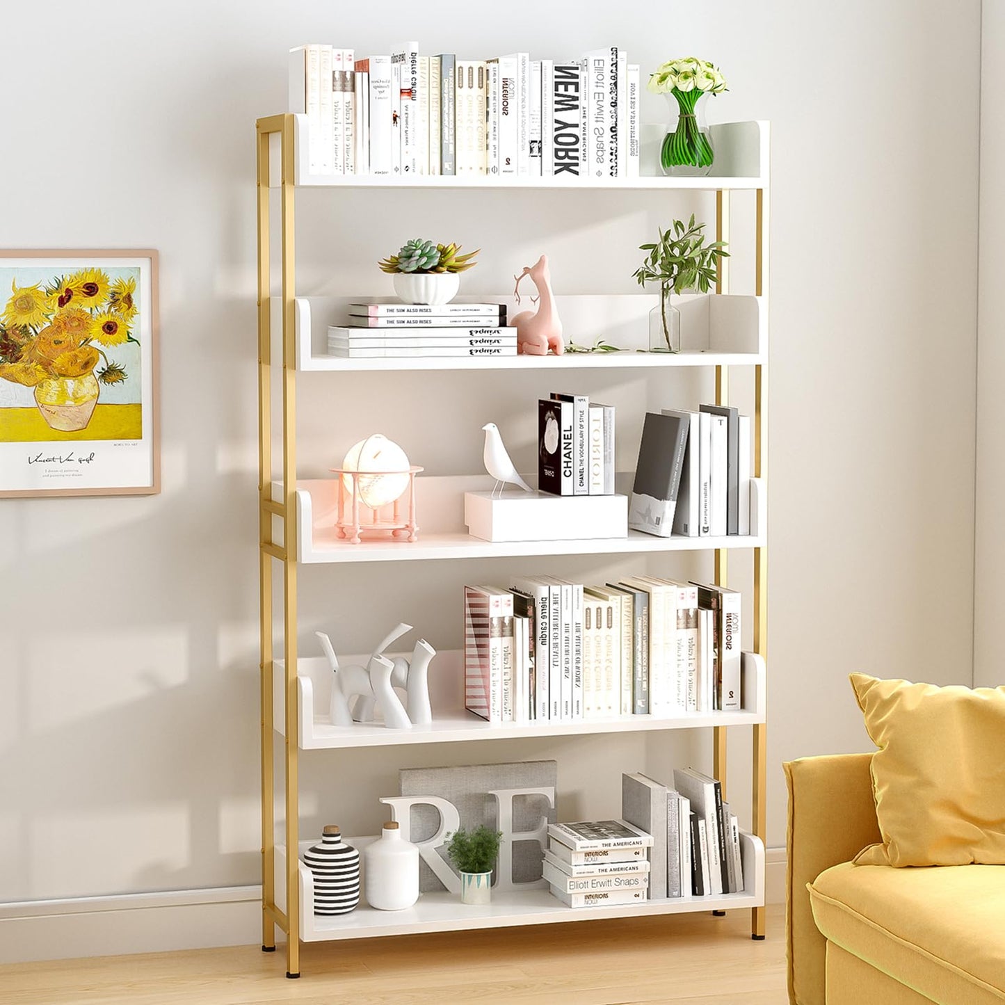OSCHF Wide Open Shelf Bookcase - Modern 5-Tier Freestanding Display Bookshelf with Three-Side Panels for Home and Office, Storage Shelving in Warm White with Gold Frame