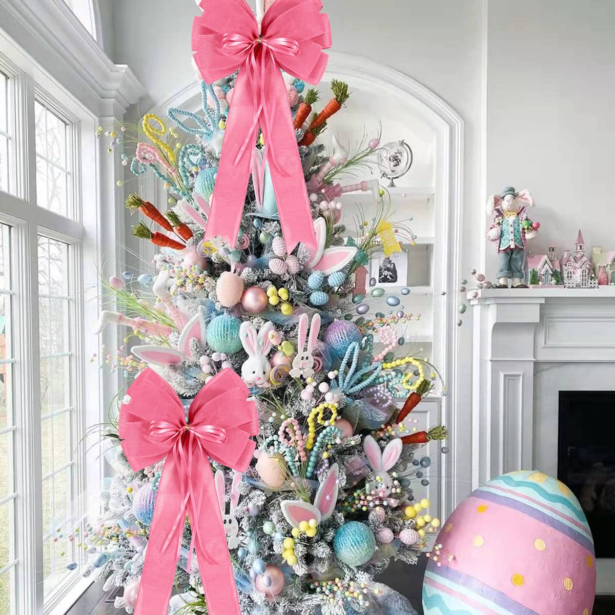 2 Pcs Large Pink Easter Wreath Bows Decor,Spring Tree Topper Bow Decorations with Pink Burlap and Glitter String for Chridtmas Tree Holiday Home Front Door Outdoor