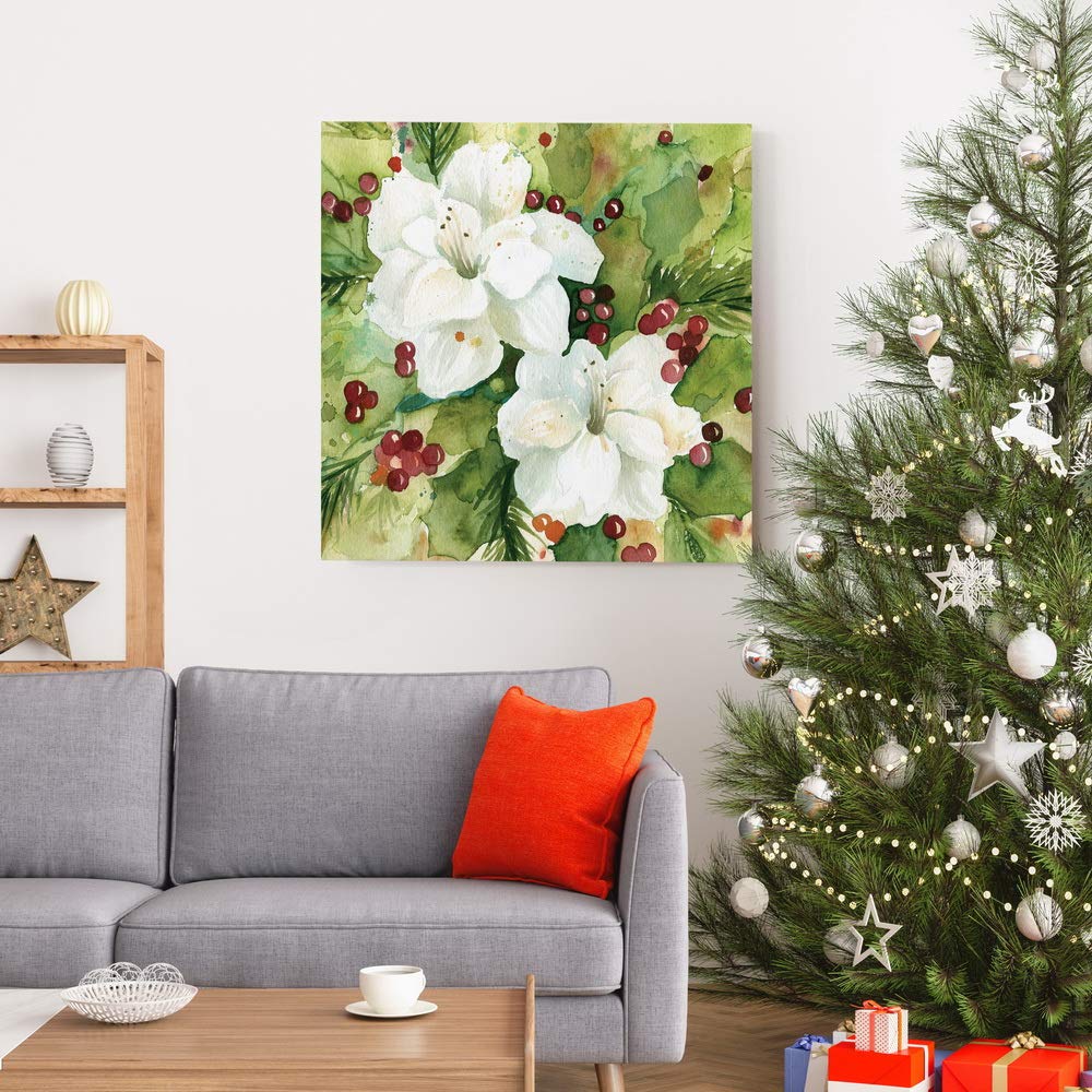 Renditions Gallery Holly Leaves Wall Art, Christmas & Winter Artwork, Festive Red & Green, Flowers, Floral, Premium Gallery Wrapped Canvas Decor, Ready to Hang, 24 in H x 24 in W, Made in America