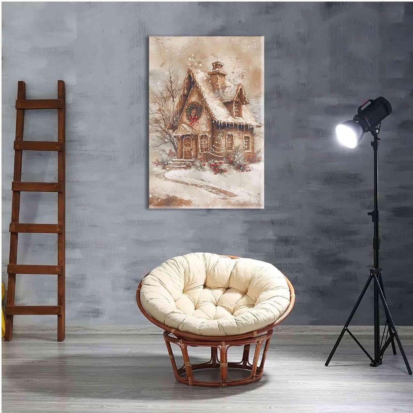 Framed Canvas Wall Art Home decor Winter Gingerbread House Traditional Christmas Print Festive Artwork Wall Decor canvas print poster 8x12in Wood Framed